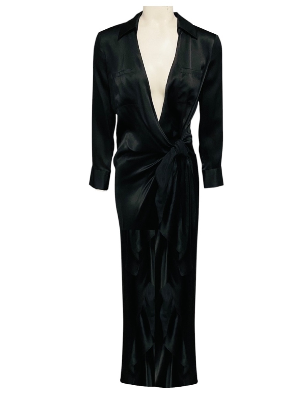 L'AGENCE BLACK KADI LONG SILK WRAP DRESS